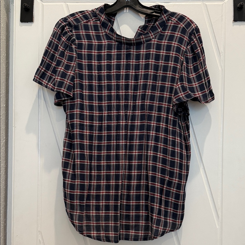LOFT Navy and Pink Plaid Blouse